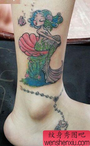 女人脚踝美人鱼脚链文身作品