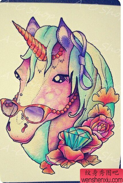 彩色独角兽钻石文身作品