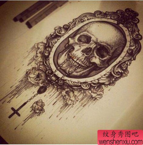 欧美骷髅头十字架文身作品