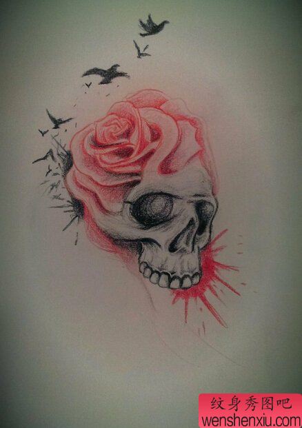 骷髅玫瑰欧美文身手稿作品