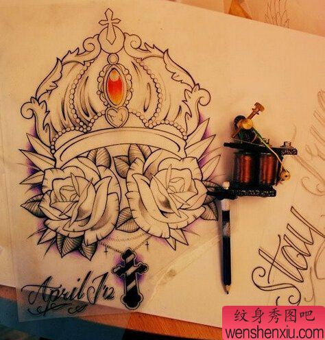 皇冠玫瑰花十字架文身手稿作品