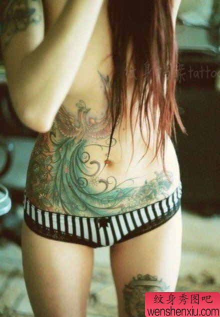 女人腹部彩色凤凰文身作品