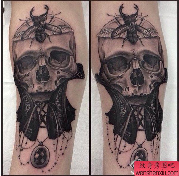 腿部欧美骷髅头文身作品