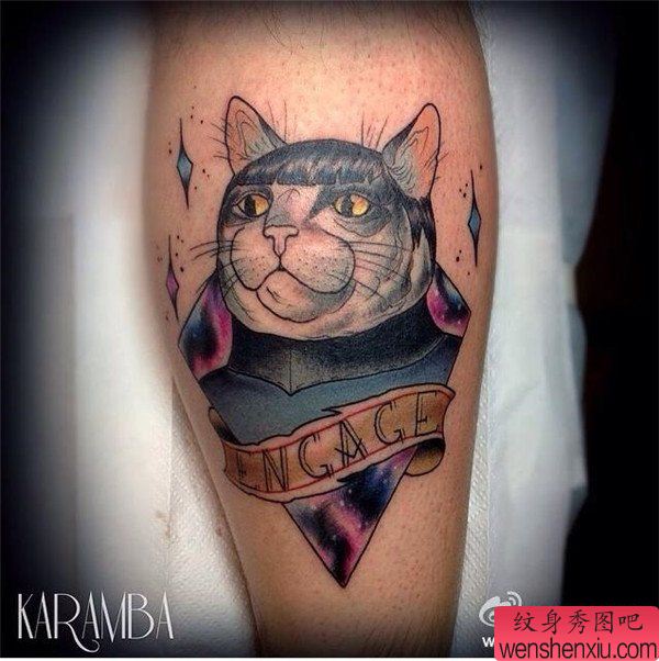 腿部星空猫咪文身作品