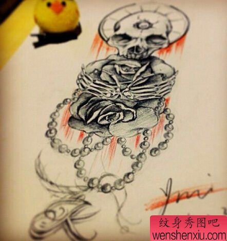 欧美骷髅头玫瑰花文身作品
