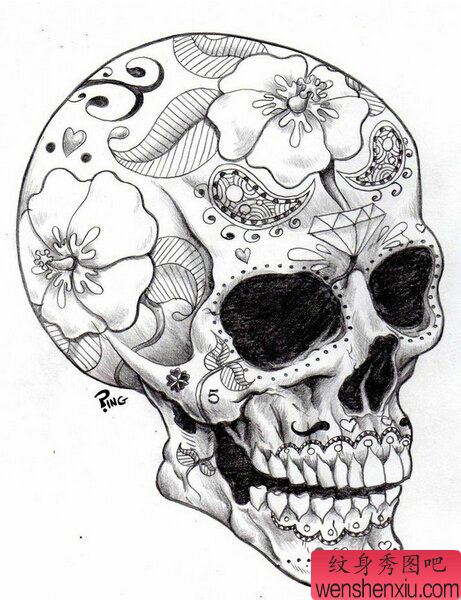一组欧美骷髅头文身作品
