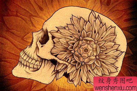 欧美骷髅头花文身作品
