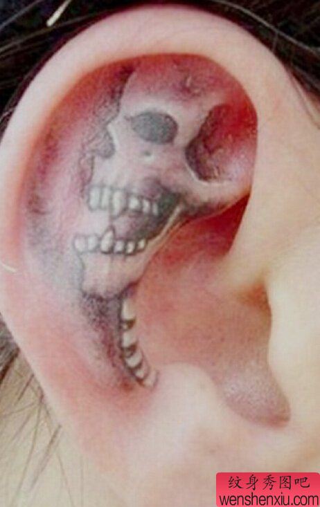 文身秀图吧推荐一幅耳朵骷髅文身作品