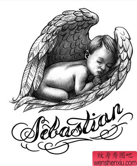 黑白素描天使字母文身作品