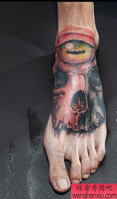 脚背创意欧美彩色骷髅文身作品