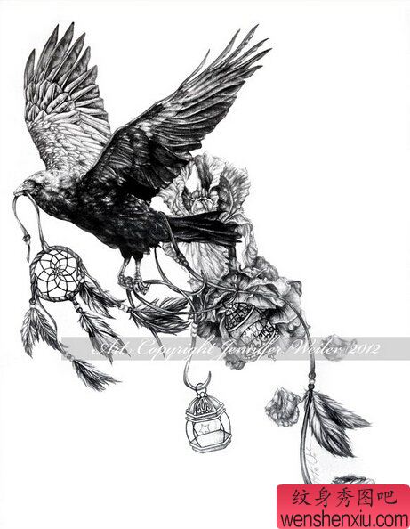 老鹰捕梦网文身手稿作品