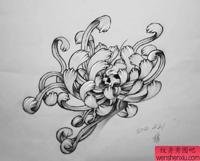 一幅黑白素描彼岸花文身手稿作品