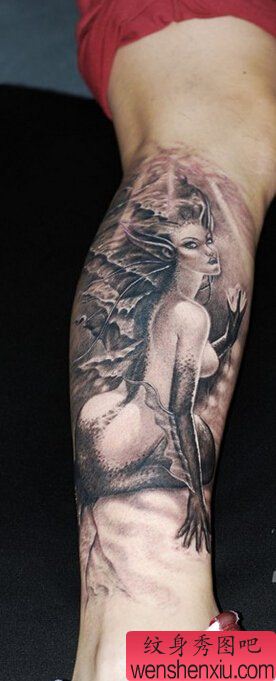 腿部美人鱼文身作品