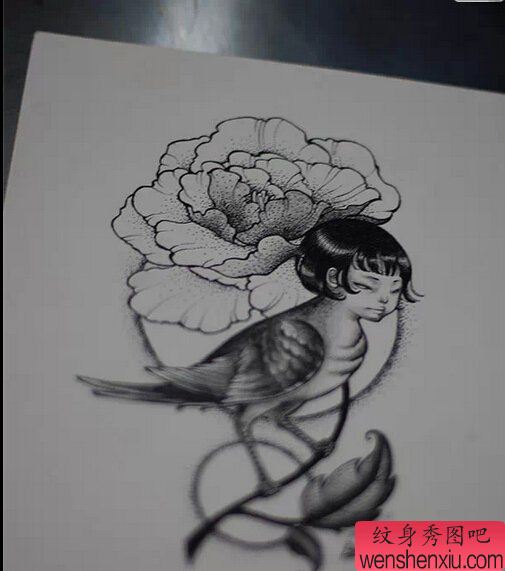文身秀图吧推荐一幅鸟人文身手稿作品