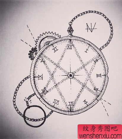 黑白指南针文身手稿作品