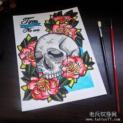 欧美骷髅玫瑰文身作品