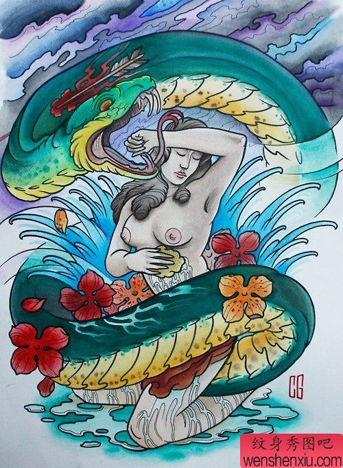 创意蛇女郎文身手稿作品