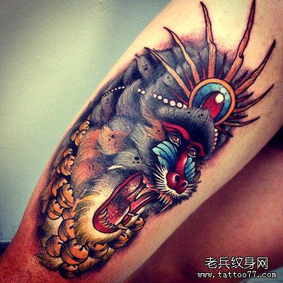 腿部彩色school风格文身作品