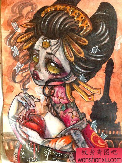 文身秀图吧推荐一幅彩色艺妓文身手稿作品