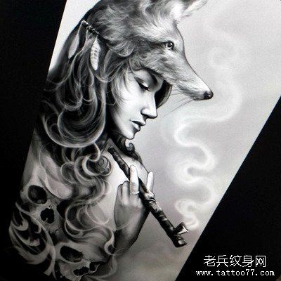 文身秀图吧推荐一幅狼女文身手稿作品
