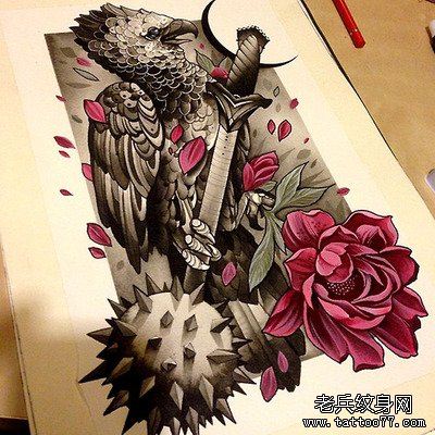 彩色鹦鹉花文身手稿作品