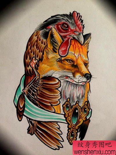 文身秀图吧推荐一幅彩色school狐狸风格文身手稿作品