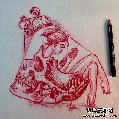 文身秀图吧推荐一幅女郎骷髅文身手稿作品