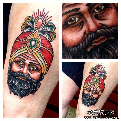 腿部人物头像文身作品