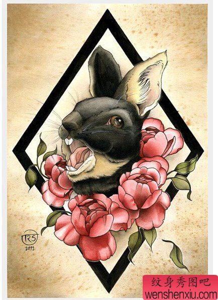 文身秀图吧推荐一幅兔子玫瑰文身手稿作品