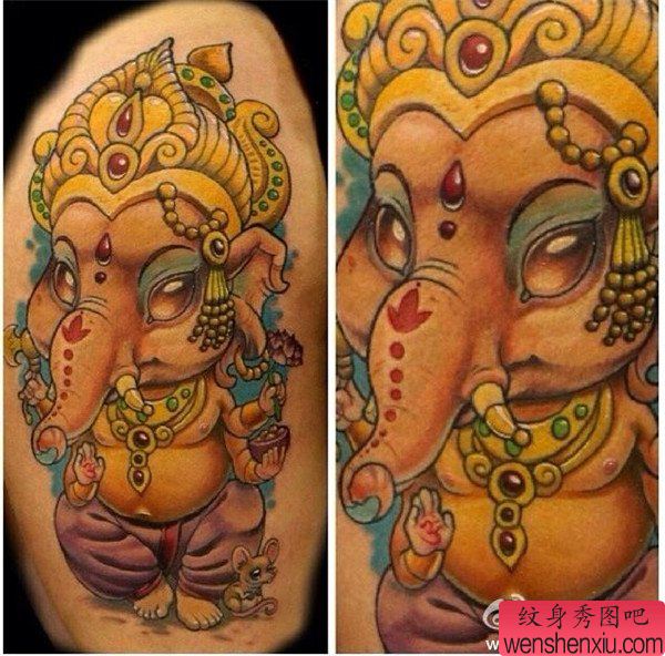 手臂彩色宗教象神文身作品
