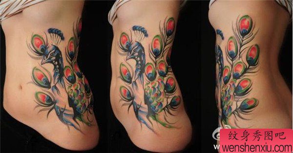 文身秀图吧推荐一幅女人侧腰彩色孔雀文身作品