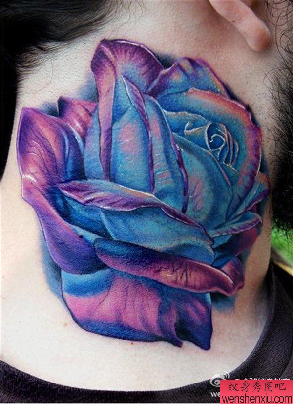 文身秀图吧推荐一幅脖子彩色玫瑰文身作品