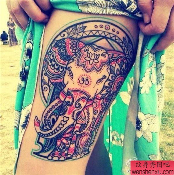 腿部彩色线条象文身作品