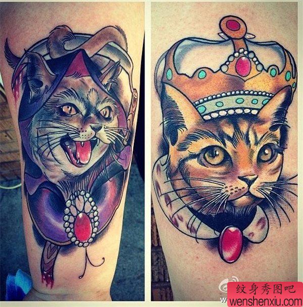 文身秀图吧推荐一幅腿部彩色猫咪文身作品
