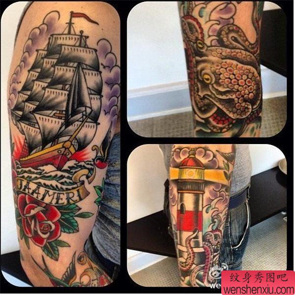 手臂彩色帆船文身作品