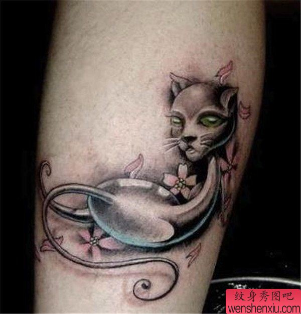 腿部猫咪文身作品