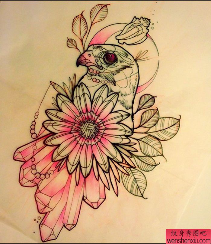 文身秀图吧推荐一幅彩色线稿鸟花卉文身作品