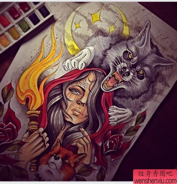 欧美彩色狼头文身作品