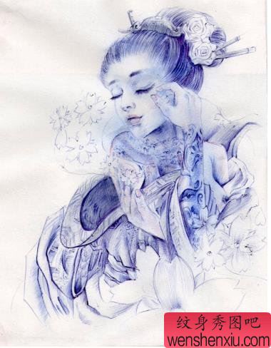 文身秀图吧推荐一幅艺妓文身手稿作品