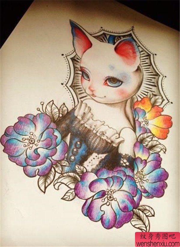 文身秀图吧推荐一幅猫咪文身手稿作品
