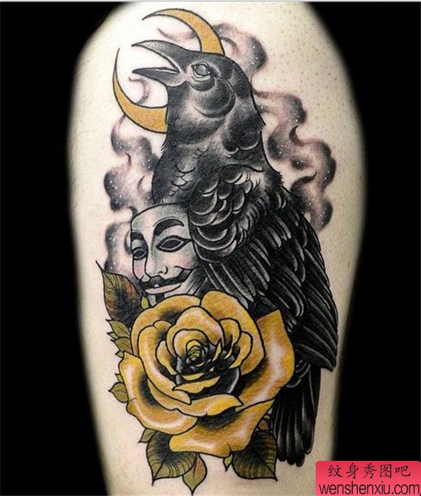 手臂玫瑰鸟文身作品