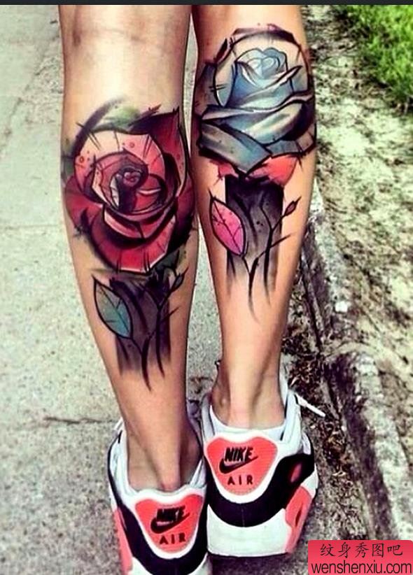 腿部彩色玫瑰文身作品