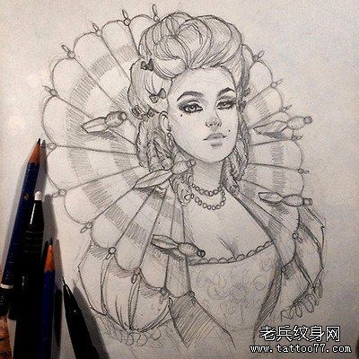 文身秀图吧推荐一幅线稿女郎文身作品