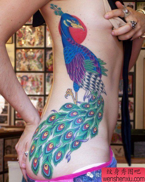 女人侧腰孔雀文身作品