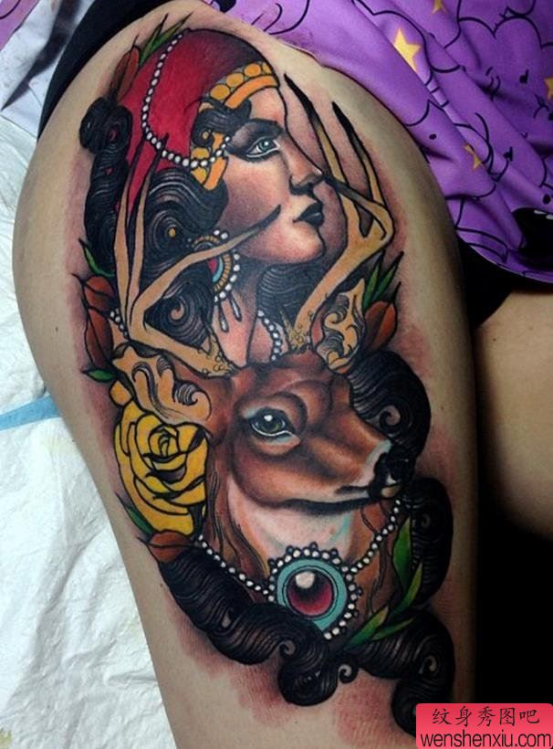 腿部羚羊女郎文身作品