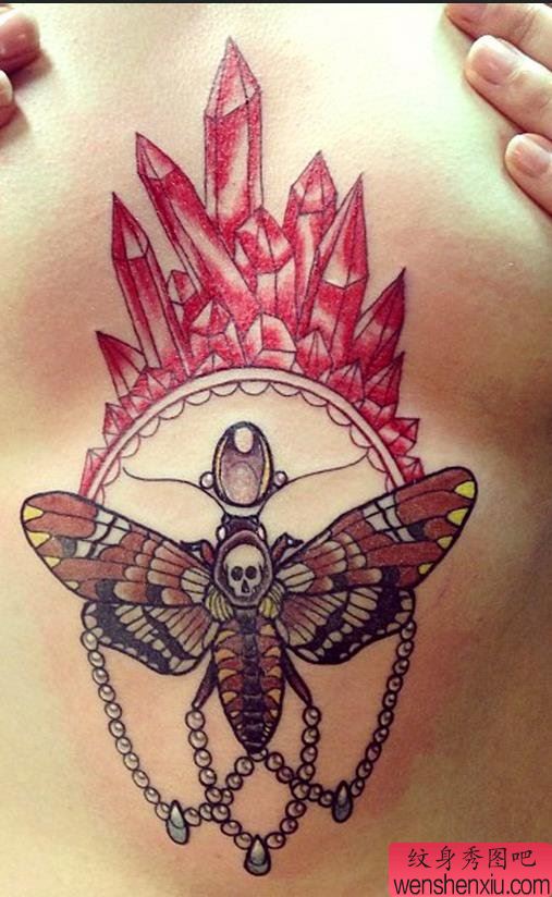 文身秀图吧推荐一幅女人胸部彩色蛾文身作品