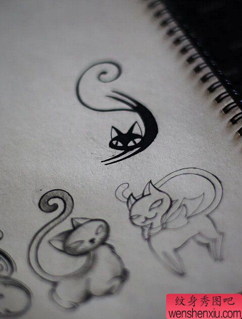文身秀图吧推荐一幅猫咪手稿文身作品