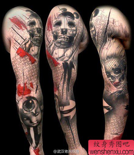 一组欧美骷髅花臂文身作品