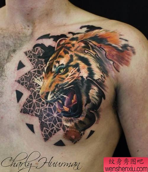 胸口霸气老虎文身作品
