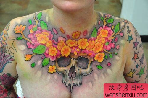 深V彩色骷髅文身作品